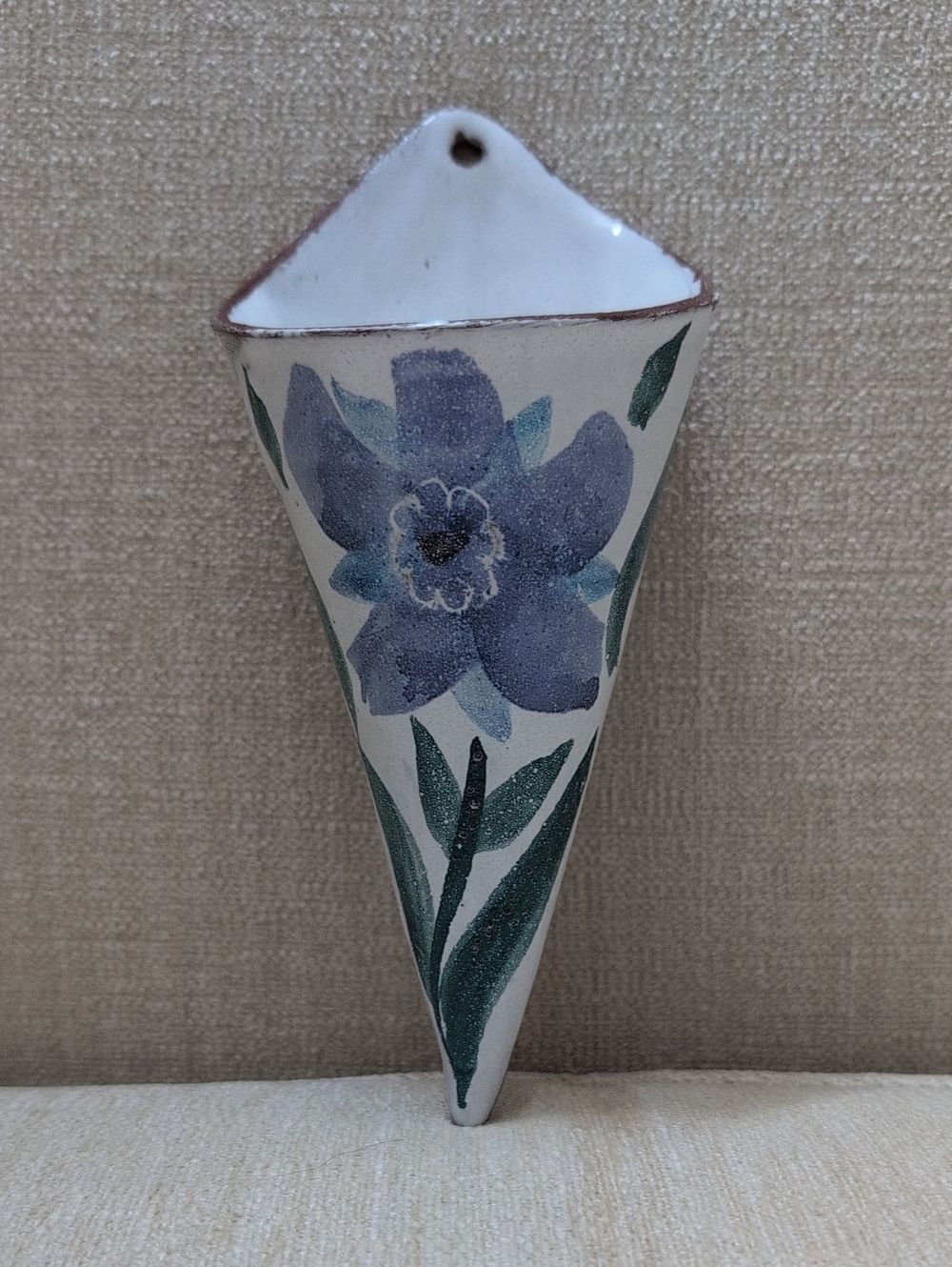 Hand-Painted Blue Floral Ceramic Wall Pocket Signed By Artist